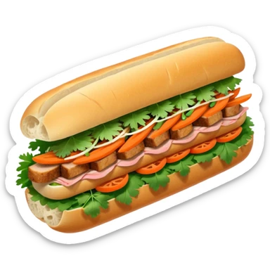 crispy pork banh mi, sliced baguette with pork, vegetables sticker