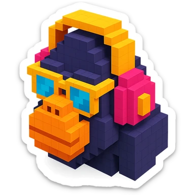 voxel style gorilla with sunglasses and headphones, isometric view sticker