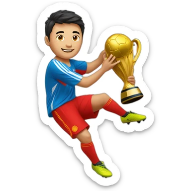 Soccer's player from kyrgyzstan holds the world championship cup sticker