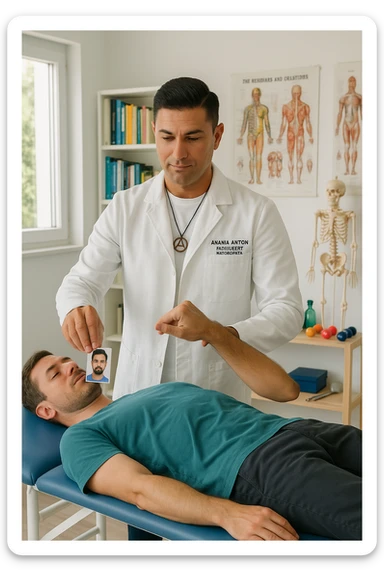 a middle-aged man, dressed in casual professional attire, is in a bright, organized therapy studio. Durante una visita di kinesiologia, il praticante tiene con una mano la foto di una persona lontana (il “testimone”) appoggiata su un tavolo, mentre con l’altra mano esegue un test muscolare su un cliente presente. Sullo sfondo si vedono libri di kinesiologia, poster anatomici e strumenti tipici della disciplina. L’atmosfera è concentrata e serena, con luce naturale che entra dalla finestra, sottolineando l’aspetto alternativo e umano della pratica. sticker