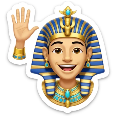 Animated sticker of a funny Ancient Egyptian Pharaoh laughing and energetically waving his hand, welcoming new members, cartoonish style, colorful with shiny gold details, expressive face, small and clear for Discord use, playful and lively motion.
 sticker