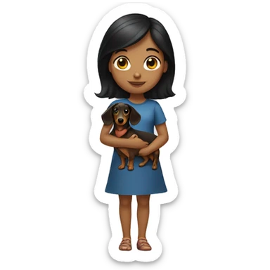 a girl with dark hair and a dachshund in her hands sticker