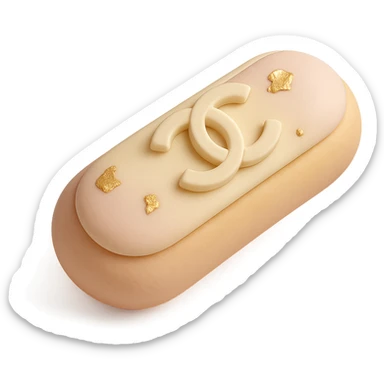 pastel Chanel éclair with gold leaf and logo, fondant cake art style sticker