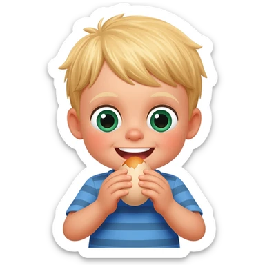 3 year old blonde boy with green-blueish eyes happy eating eggs for breakfast sticker