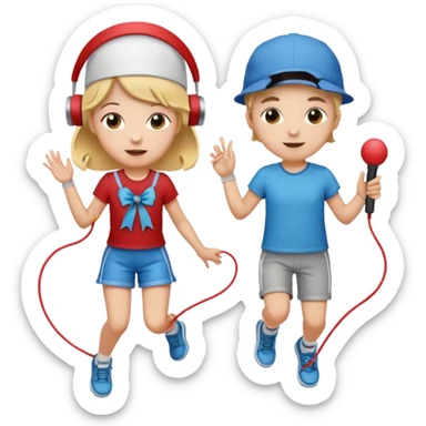 Show three big emojis: 👧🏻🎀 (the doll singing), 😀👕4️⃣5️⃣6️⃣🤾 (a player jumping rope), 👦🏻🧢 (child figure). sticker
