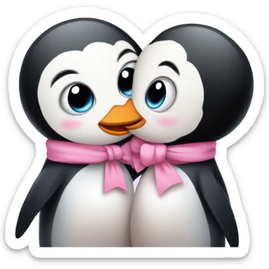 girl penguin with pink bow on head and boy penguin hug and kiss sticker
