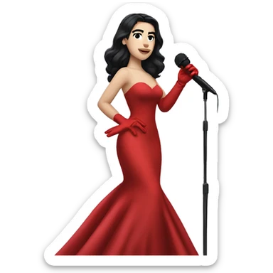 Dua Lipa, with dark hair, wearing a red gown with red gloves, singing with a microphone on her hand. sticker