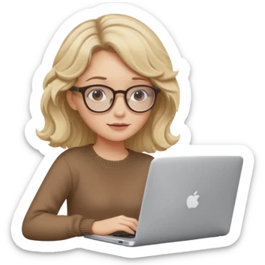 blonde girl with dark blonde wavy hair, pantos-style glasses, a brown sweater, sitting with a laptop, soft pastel colors, upper body shot sticker
