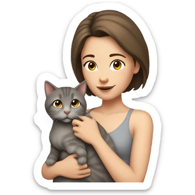 A middle aged, cat loving girl with brown hair and fair skin wearing a grey halter top sticker