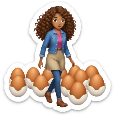 Femme, brune avec les cheveux longs et bouclés, qui marche sur des œufs sticker