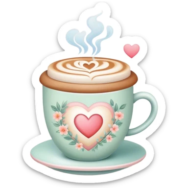 A cute coffee cup that emits warm steam, soft pastel colors, delicate floral patterns, heart-shaped - cozy and inviting! sticker
