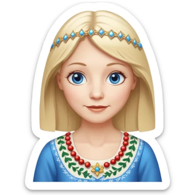 50 yr old white woman, hippie parted very long hair, short bangs, very long straight blond hair, oval face, small smile, blue eyes, thin face, hair downback, hair parted at center of head, round cheeks, pale, longer hair, white christmas dress sticker