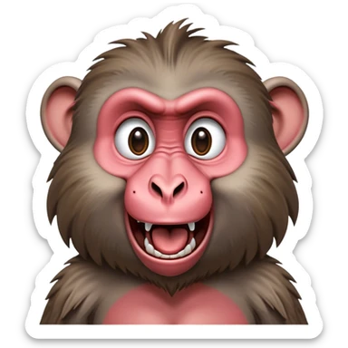 Cinematic Comical Baboon Portrait Emoji, Head tilted dramatically with an exaggeratedly amused expression, featuring a strikingly textured Fur of deep browns with wide, expressive eyes filled with playful disbelief, Simplified yet hilariously expressive features, highly detailed, glowing with a slightly sassy glow, high shine, dramatic yet playful, stylized with an air of cheeky mischief, bright and endearing, soft glowing outline, capturing the essence of a spirited and over-the-top baboon, so meme-worthy it feels like it could chatter its way into internet fame instantly! sticker