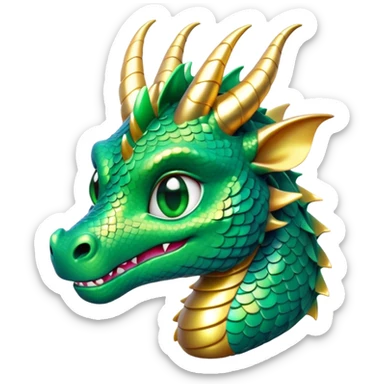 Cinematic Cute Dragon Portrait Emoji, Head tilted playfully and inquisitively, featuring a sleek, serpentine form adorned with iridescent scales that shift between emerald and gold, a delicate set of subtle horns, and round, sparkling eyes full of curious magic; rendered with realistic detail and warm natural light, high shine, affectionate and enchanting, styled with a touch of whimsical fantasy, soft glowing outline, capturing the essence of a mischievous yet lovable dragon that seems poised to slither playfully into your arms! sticker