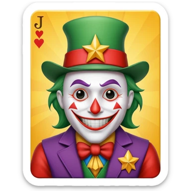 1 poker card, perfectly squared card, with crazy colorful human jolly joker inside, star symbol with a "J" sticker
