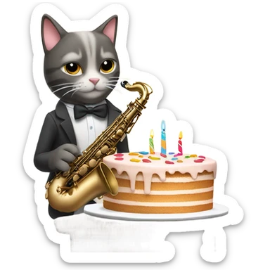 Cat playing alto saxophone with a birthday cake sticker