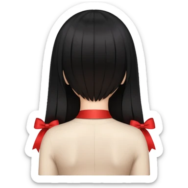 girl back view with single red ribbon in the middle black hair sticker