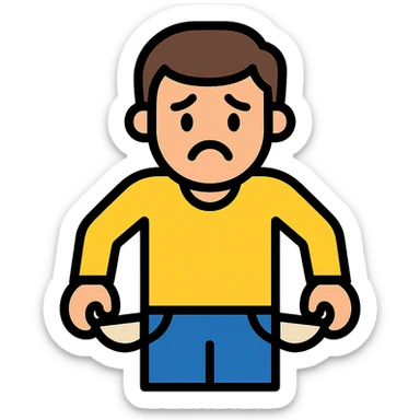 sad man with empty, turned-out pockets colored icon sticker