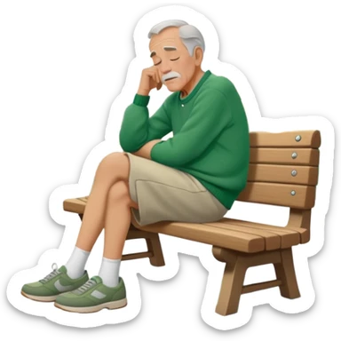 Old Man sleeping sideways on bench in green sweater, light brown shorts, and grey shoes with Disneyland in background sticker
