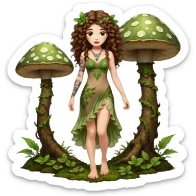 full body view of a woman with long curly brown hair, brown eyes, white skin, tattoos, wearing a sheer moss and leaf dress, standing barefoot on glowing mushrooms, confident pose, slight smirk sticker