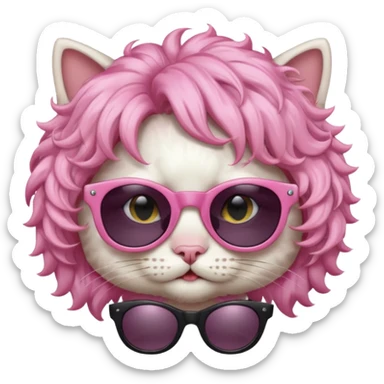 White cat wearing pink curly wig, black sunglasses sticker