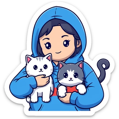 Girl with black hair wearing gray hoodie with a British shorthair blue and white cat and a long-haired blue and white cat sticker