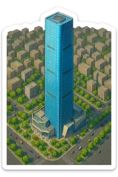 Изометричная, яркая, детализированная, объемная и фотореалистичная иллюстрация башни Guangzhou CTF Finance Centre. В стиле 3D-коллажей городов, насыщенные цвета, аккуратные и чёткие линии, мультяшно-реалистичная стилистика. Чёткие контуры, не размазанные линии, высокое качество, прозрачный фон, не обрезать края картинки sticker