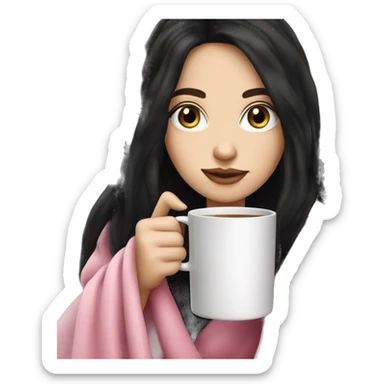 A pretty white girl with very long black hair  in a pink blanket sipping coffee sticker