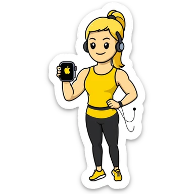 Sporty blonde woman in yellow top and black leggings, showing bicep, smiling, with wireless earbud and Apple Watch sticker