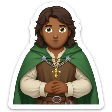 medieval outfit worn by a DnD themed fantasy character. basic linen shirt with a thick wool cloak. clothes only above the waist. The clothes full waist. The character's haven't arms. character is dark brown hair green eyes long wavy hair brown-skinned man. sticker
