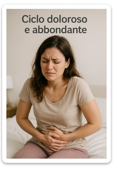 donna con ciclo doloroso e abbondante. testo in italiano. sticker