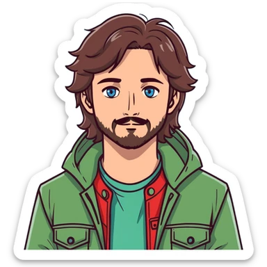 male with long messy brown hair, small facial hair, greyish blue eyes, wearing a green jacket sticker