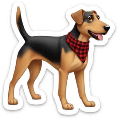 adult 75% Coonhound 25% German Shepherd mix dog with visible tail wearing small pointed red buffalo plaid bandana full body walking left quickly sticker