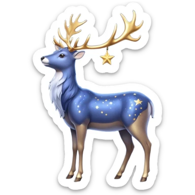 Celestial Stag emoji – full body, majestic stag with shimmering silver body and deep midnight-blue fur, tall glowing golden antlers shaped like constellations, small star accents, slight side angle sticker