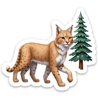 Eurasian Lynx walking in the snow beautiful aesthetic, snowy ground, snow falling around, wooden pine trees in the background, full aesthetic scenic image scenery realistic photo realism sticker