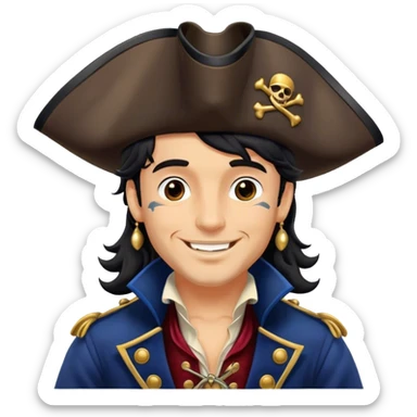 A charming man pirate with wavy black hair, wearing a decorated tricorn hat and a velvet coat, smiling confidently sticker