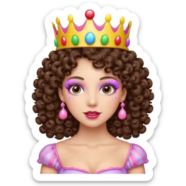 brunette curly haired queen of the candyland, with candy makeup candy crown and just face sticker