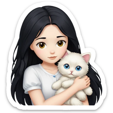 A beautiful girl with long black hair wearing a white short-sleeved shirt hugs a ragol sticker