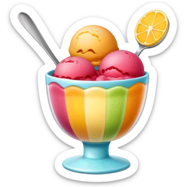 two or three scoops of bright fruit sorbet in a small cup, no spoon or garnish, soft lighting, subtle shadows, emoji scale sticker