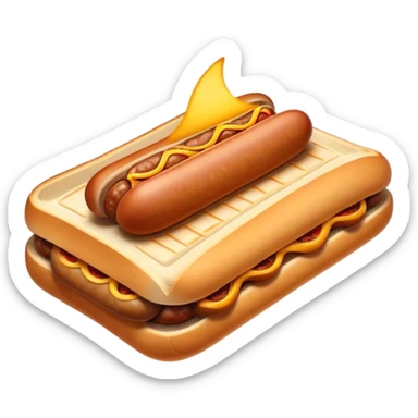 Sausage Sizzle Cinematic Realistic Sausage Sizzle Dish Emoji, depicted as a sizzling sausage tucked into a triangular slice of bread, rendered with rich textures and dynamic, warm lighting. sticker