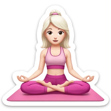 20-year-old pretty woman with white skin, doing yoga on a pink yoga mat, depicted in iPhone memoji style sticker