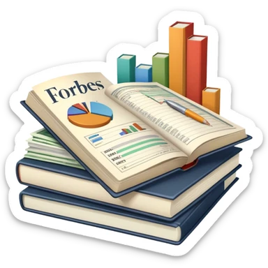 Icon for Business Reading: an open book with graphs, numbers, percentages, formulas, and text on the pages, next to a stack of books, a pile of dollars, a calculator and business magazines like Forbes. Transparent background. sticker
