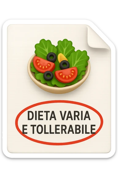 emoji stile iphone di un foglio con un insalata disegnata sopra e la scritta "DIETA VARIA E TOLLERABILE" CERCHIATA IN ROSSO, iperrealistico 4k, isolato su sfondo bianco sticker