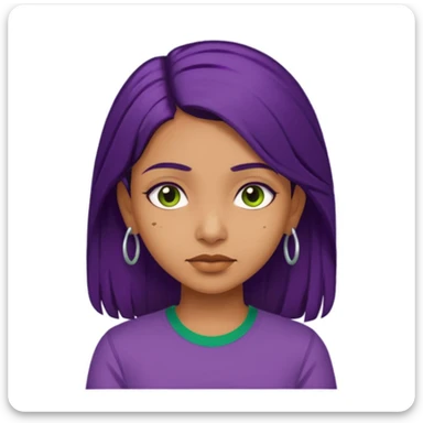 Give me an emoji : a tan skinned indian girl, medium deep purple hair with a green shirt sticker