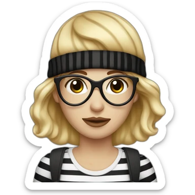 blonde woman in fully black beanie hat, black eye mask and striped shirt sticker