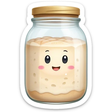 sourdough starter in a glass jar that says sousou sticker