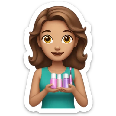 brown-haired girl holding cosmetic products in her hands sticker