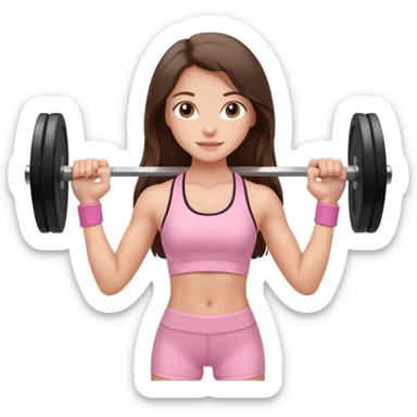 white happy brunette teen long hair with hazel eyes in light pink workout clothes holding a barbell  sticker