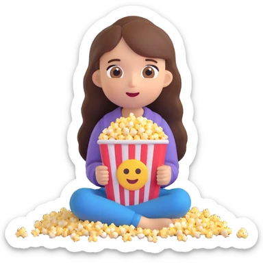 white girl with long hair eating popcorn on the floor, emoji style sticker