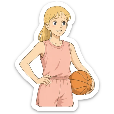 blonde white female basketball player wearing pastel pink basketball uniform holding orange basketball on hip smiling ghibli inspired style no text sticker